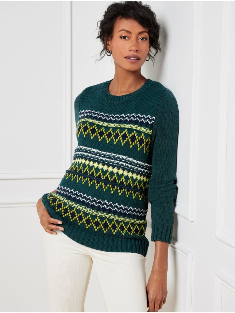 Talbots Sweater Small Diamond Fair Isle Crewneck Pullover Green Cozy Knit Lounge